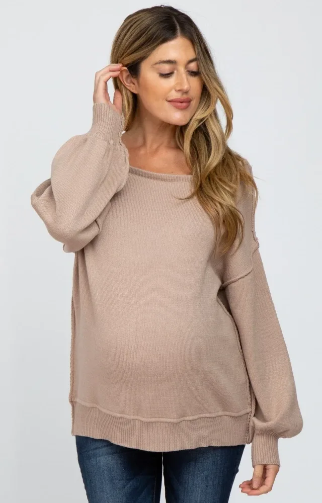 Mocha Boat Neck Bubble Sleeve Maternity Sweater