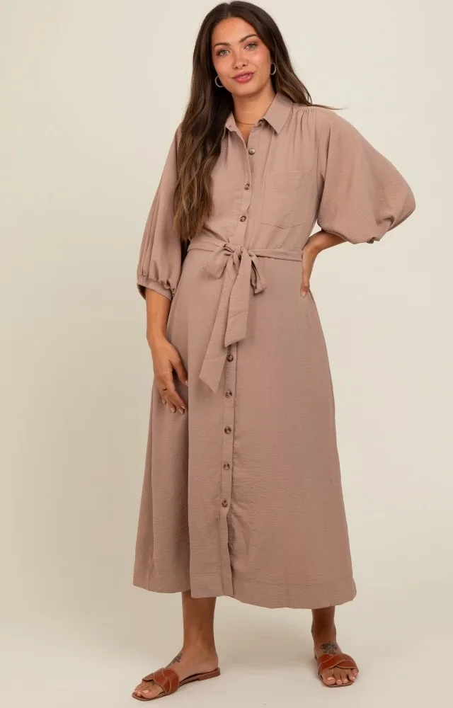 Mocha Button Down Maternity Shirt Dress