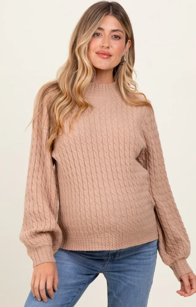 Mocha Cable Knit Mock Neck Bubble Sleeve Maternity Sweater