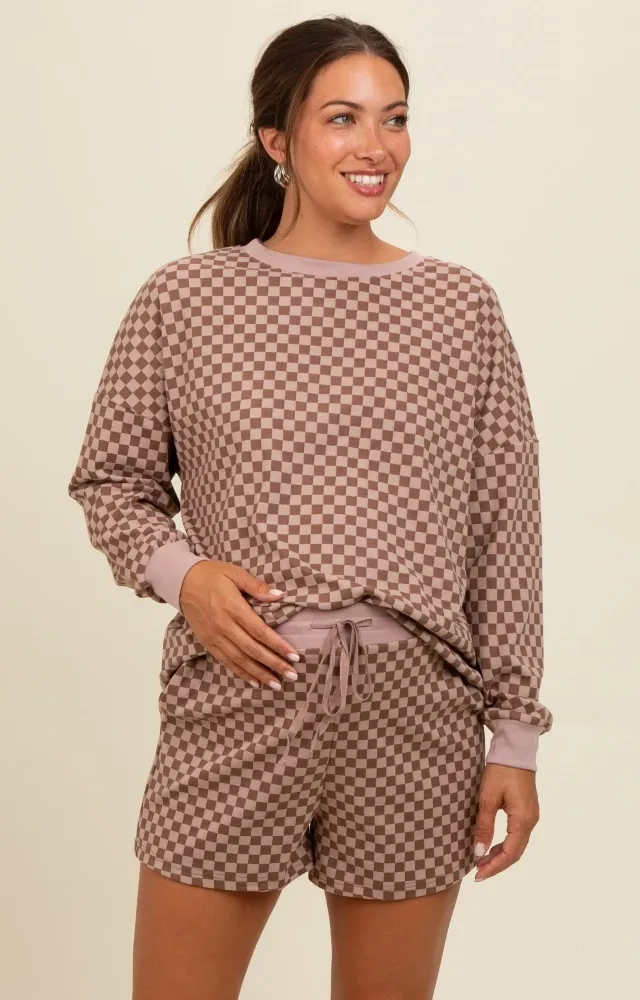 Mocha Checkered Plaid Pullover Shorts Maternity Set