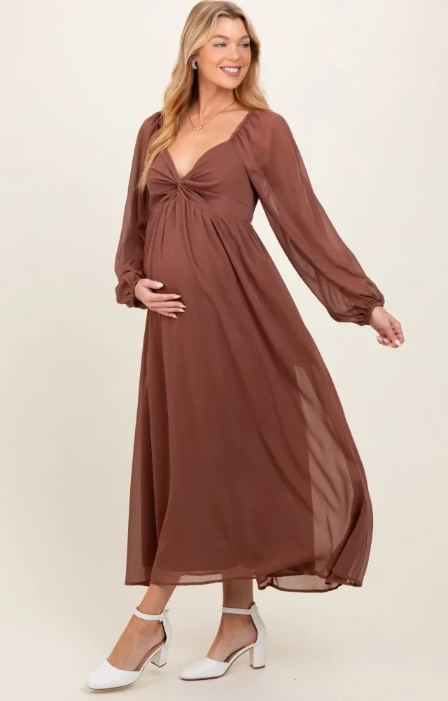 Mocha Chiffon Twisted Front Maternity Midi Dress