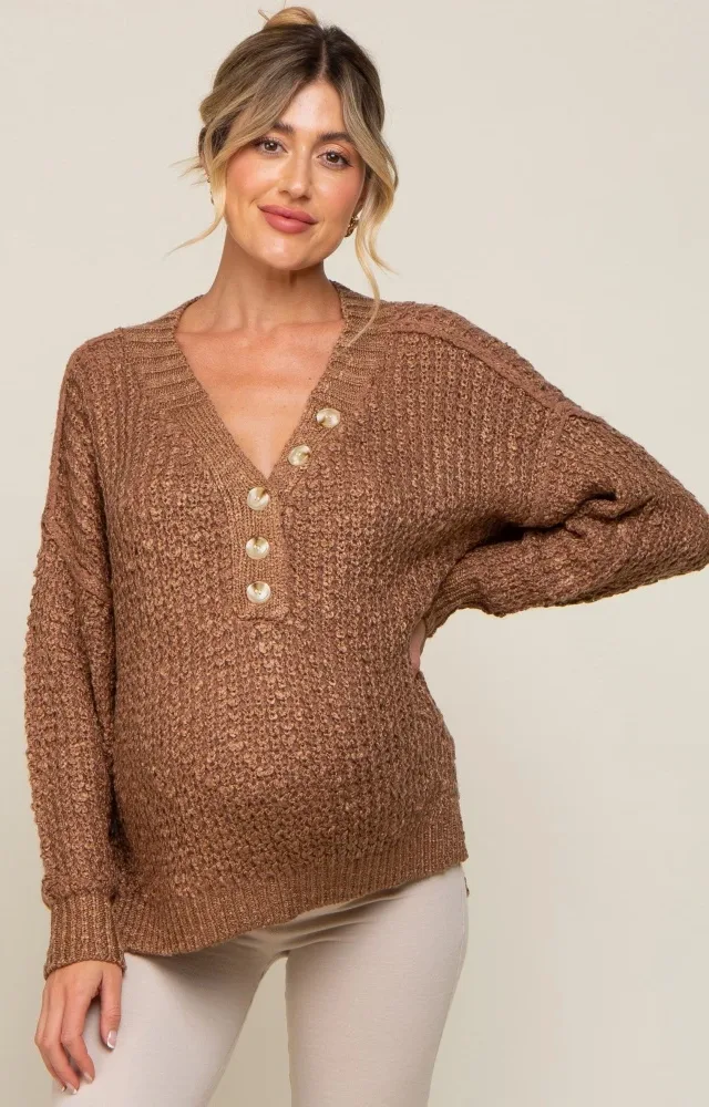 Mocha Chunky Knit Button V-Neck Maternity Sweater