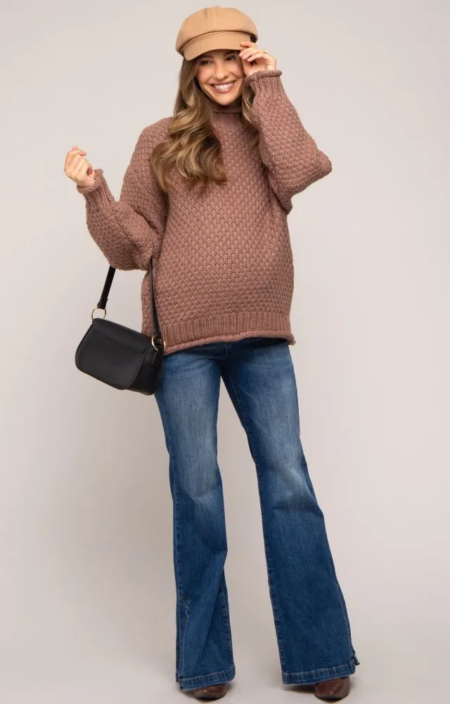 Mocha Chunky Knit Mock Neck Maternity Sweater