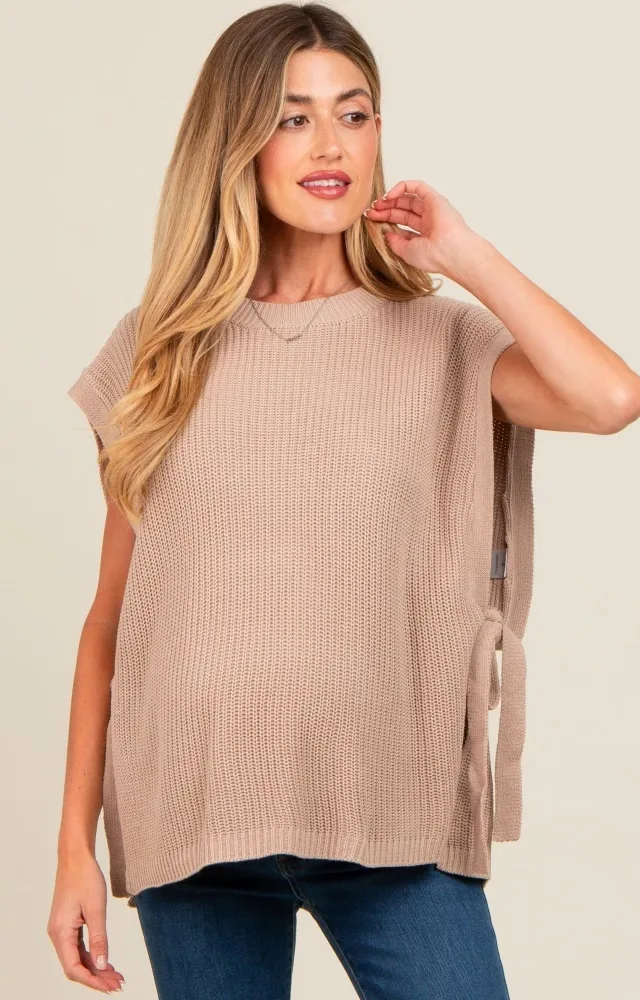 Mocha Chunky Knit Side Tie Maternity Sweater Top