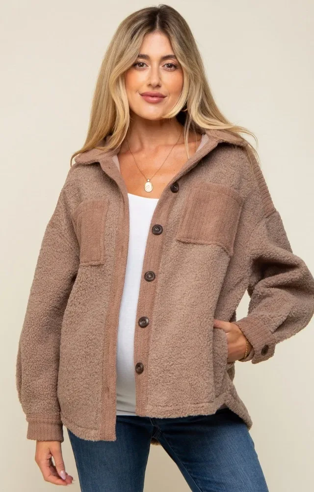 Mocha Colorblock Fleece Maternity Shirt Jacket