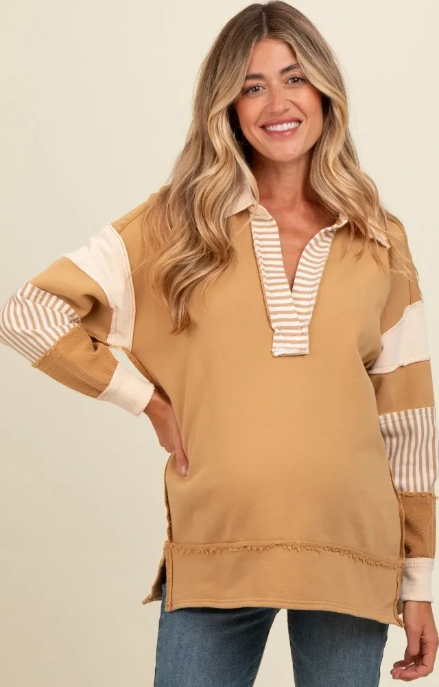 Mocha Colorblock Stripe Maternity Polo Pullover Top