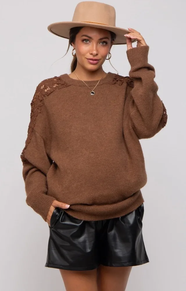 Mocha Crochet Lace Shoulder Maternity Sweater