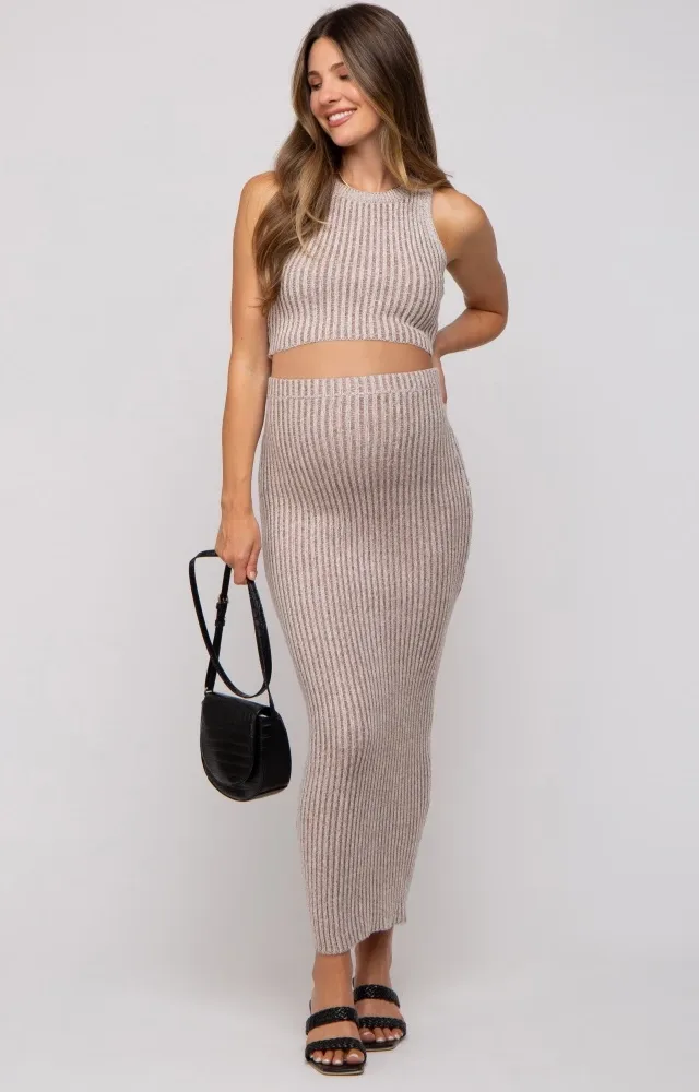 Mocha Crop Sweater Maternity Midi Skirt Set