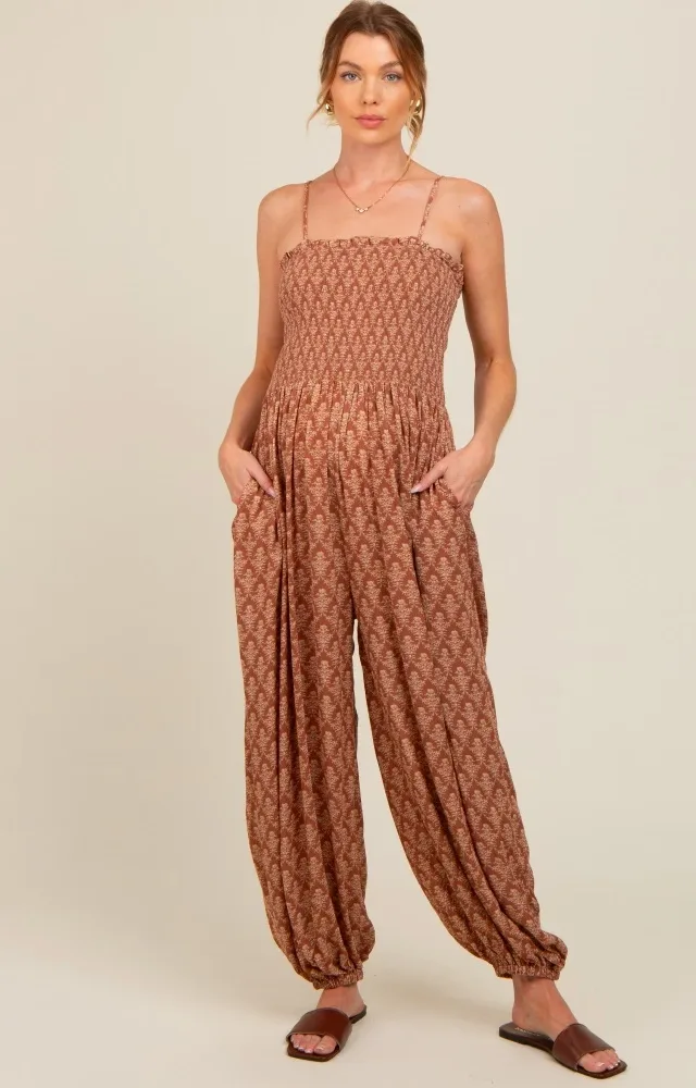 Mocha Damask Smocked Balloon Leg Maternity Jumpsuit