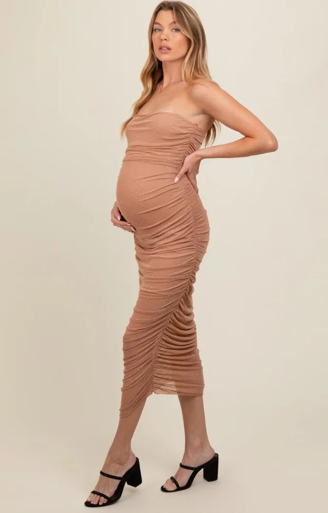 Mocha Embellished Mesh Strapless Ruched Maternity Dress