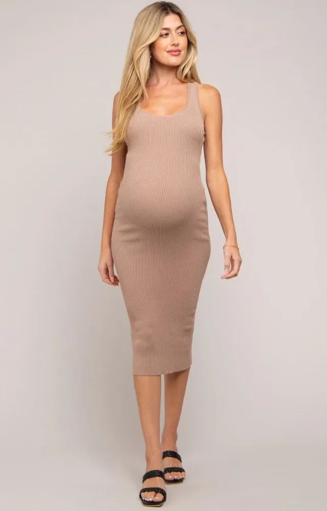 Mocha Fitted Knit Maternity Midi Dress