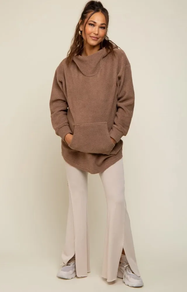 Mocha Fleece Hooded Long Maternity Sweater