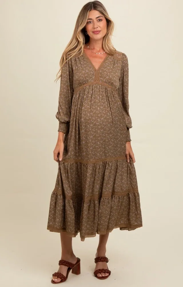 Mocha Floral Lace Trim Bubble Sleeve Maternity Maxi Dress