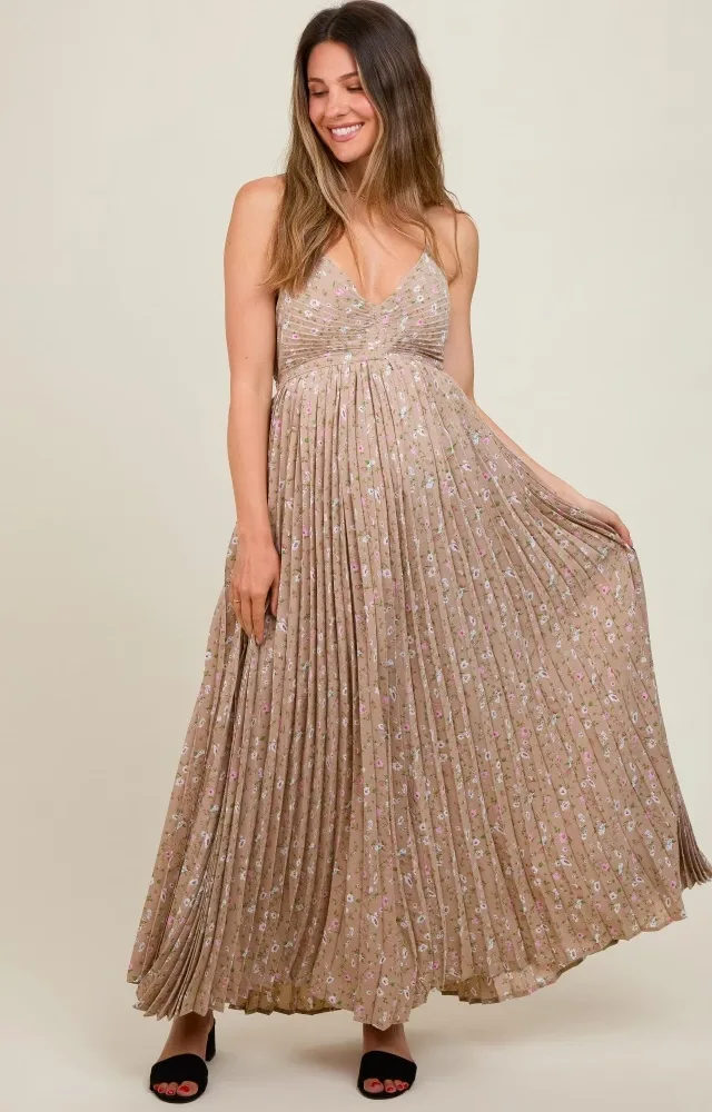 Mocha Floral Pleated Back Cutout Maternity Maxi Dress