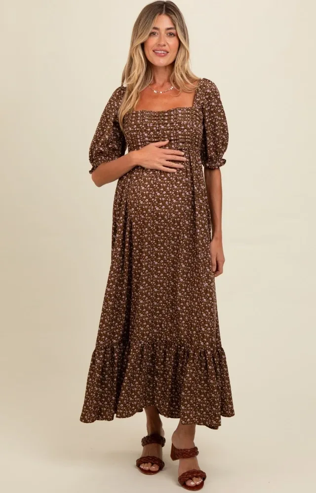 Mocha Floral Pleated Bodice Maternity Maxi Dress