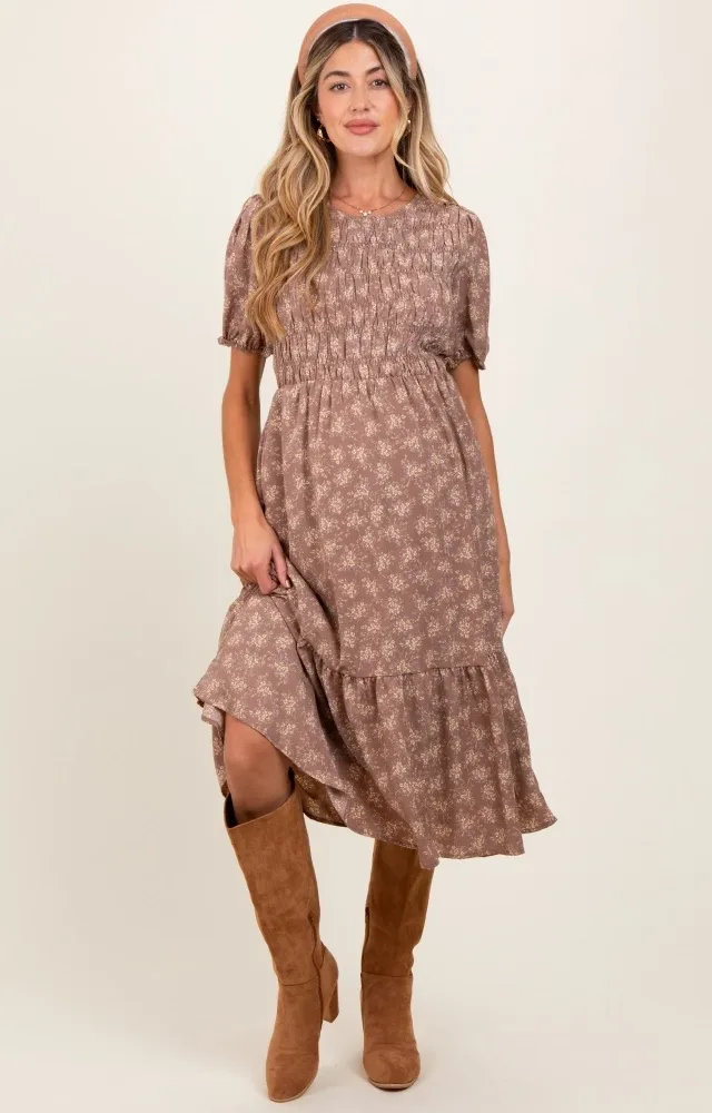 Mocha Floral Puff Sleeve Smocked Maternity Midi Dress