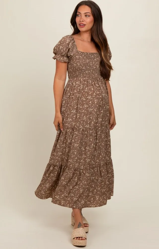 Mocha Floral Short Sleeve Maternity Maxi Dress