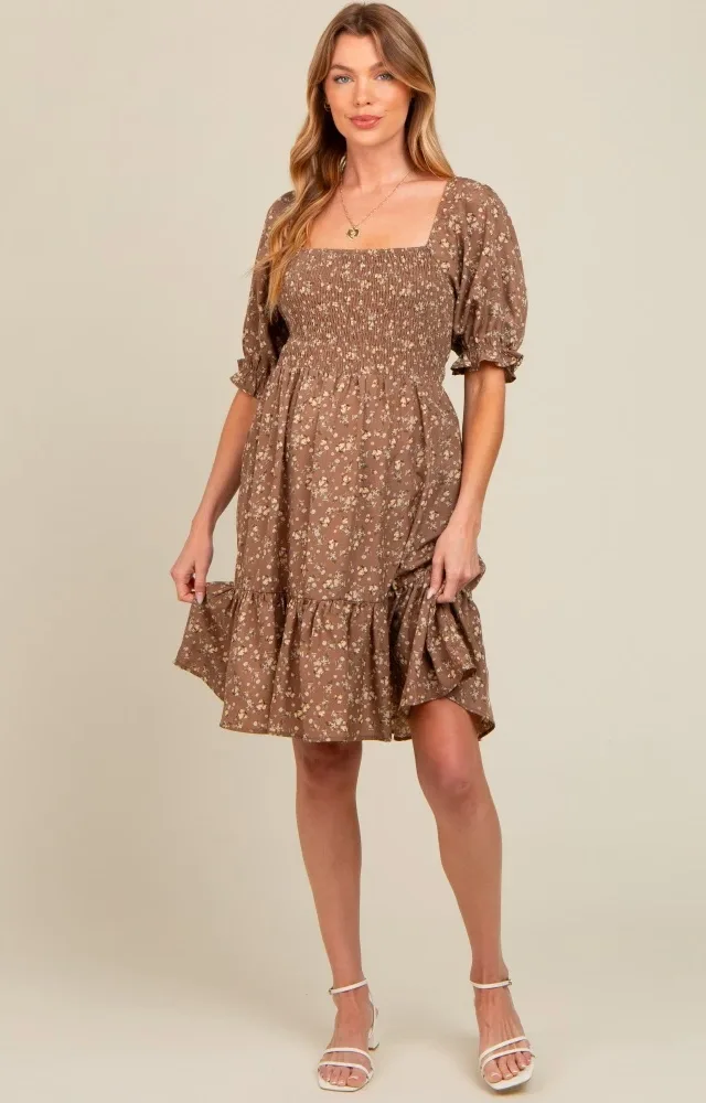 Mocha Floral Smocked Puff Sleeve Maternity Dress