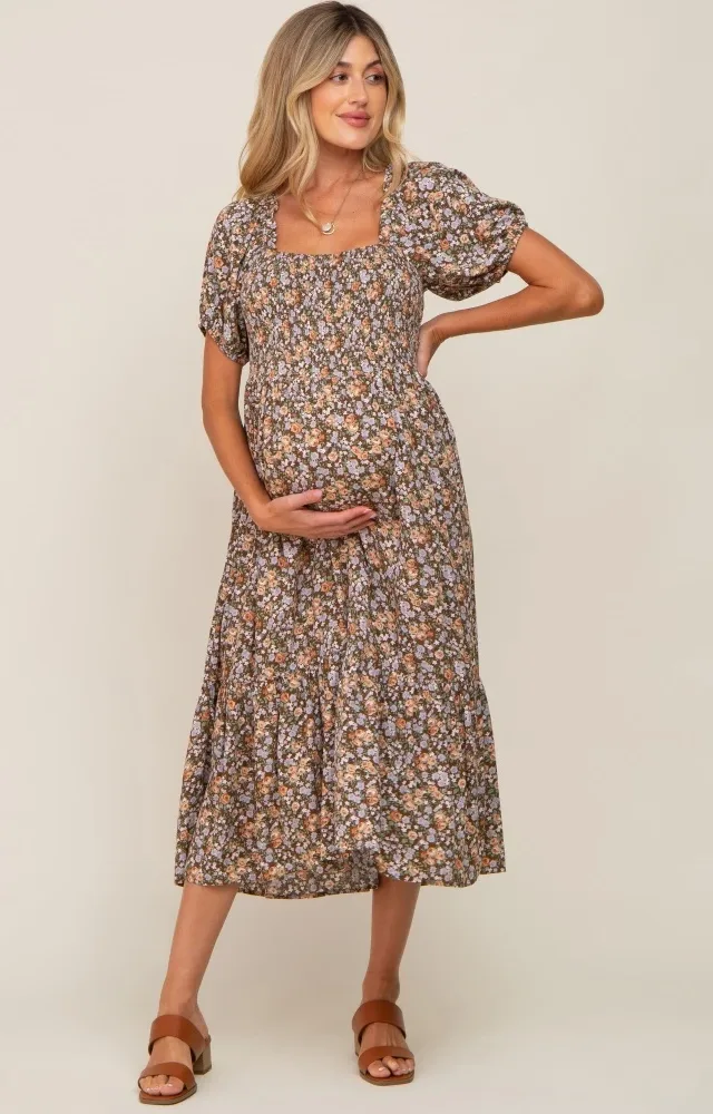 Mocha Floral Smocked Puff Sleeve Maternity Midi Dress