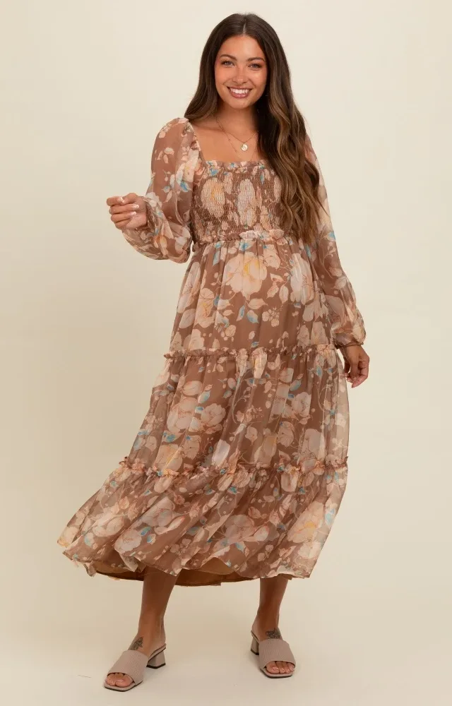 Mocha Floral Square Neck Smocked Maternity Midi Dress