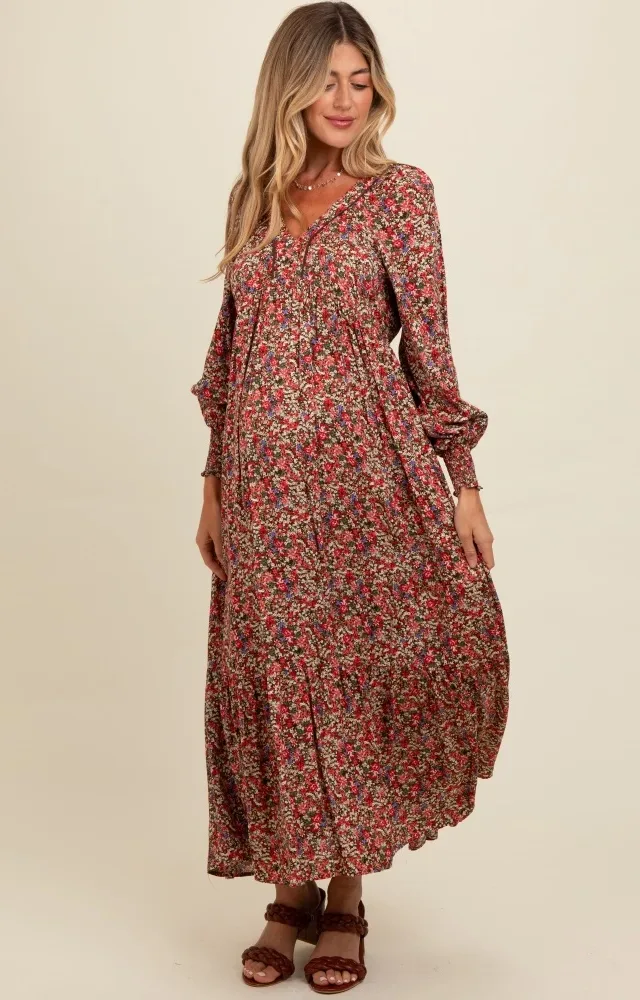 Mocha Floral V-Neck Bubble Sleeve Maternity Maxi Dress