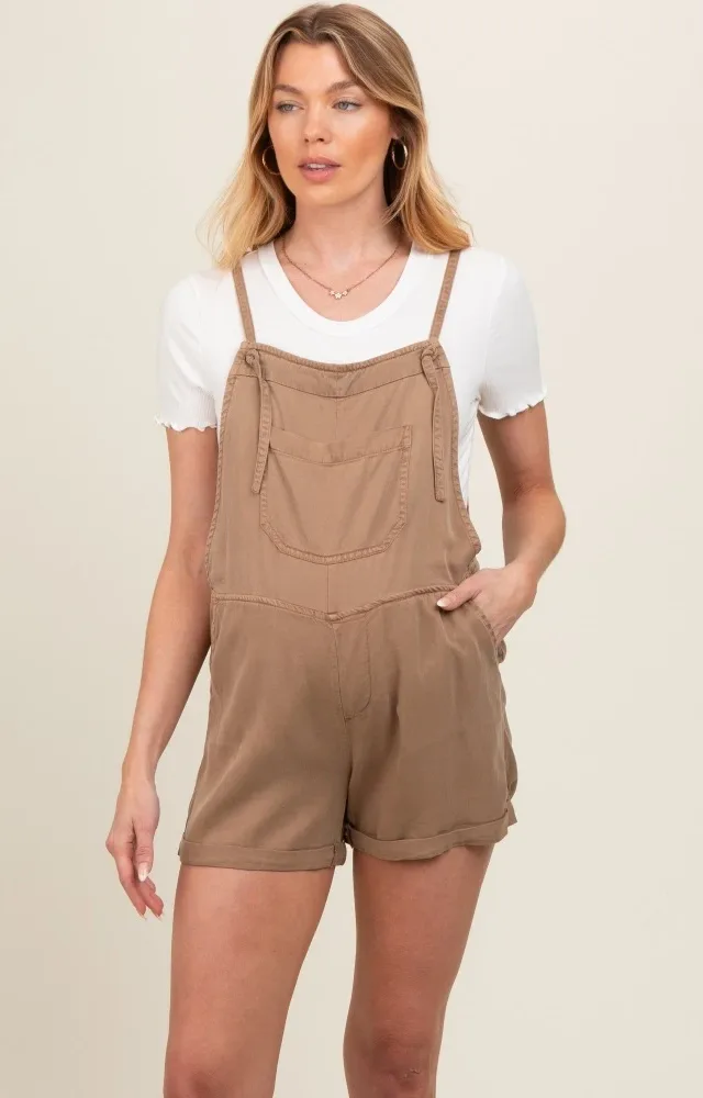 Mocha Front Pocket Maternity Overall Shorts