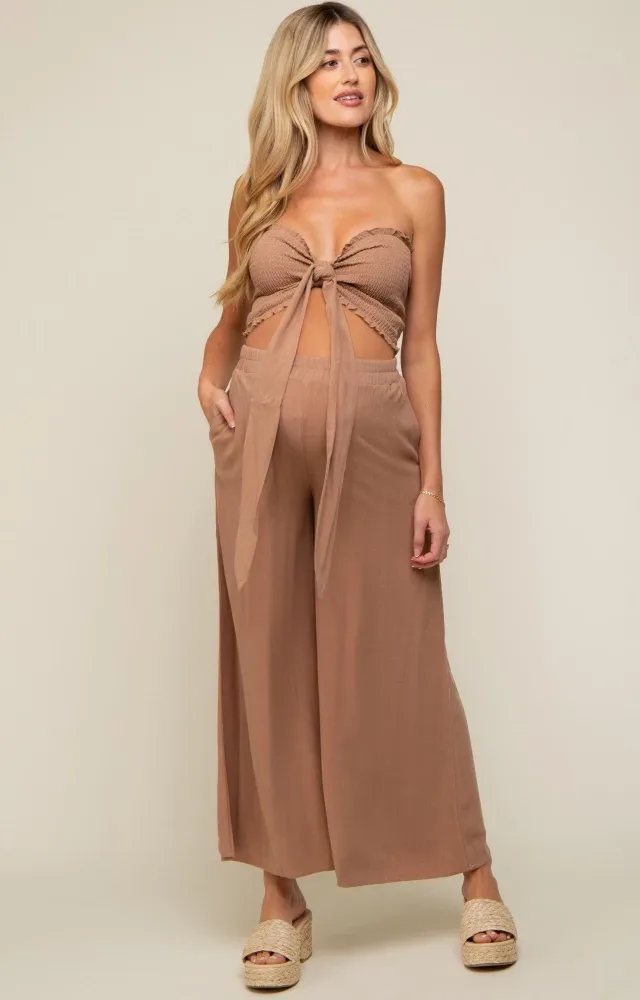 Mocha Front Tie Crop Top And Pant Maternity Set