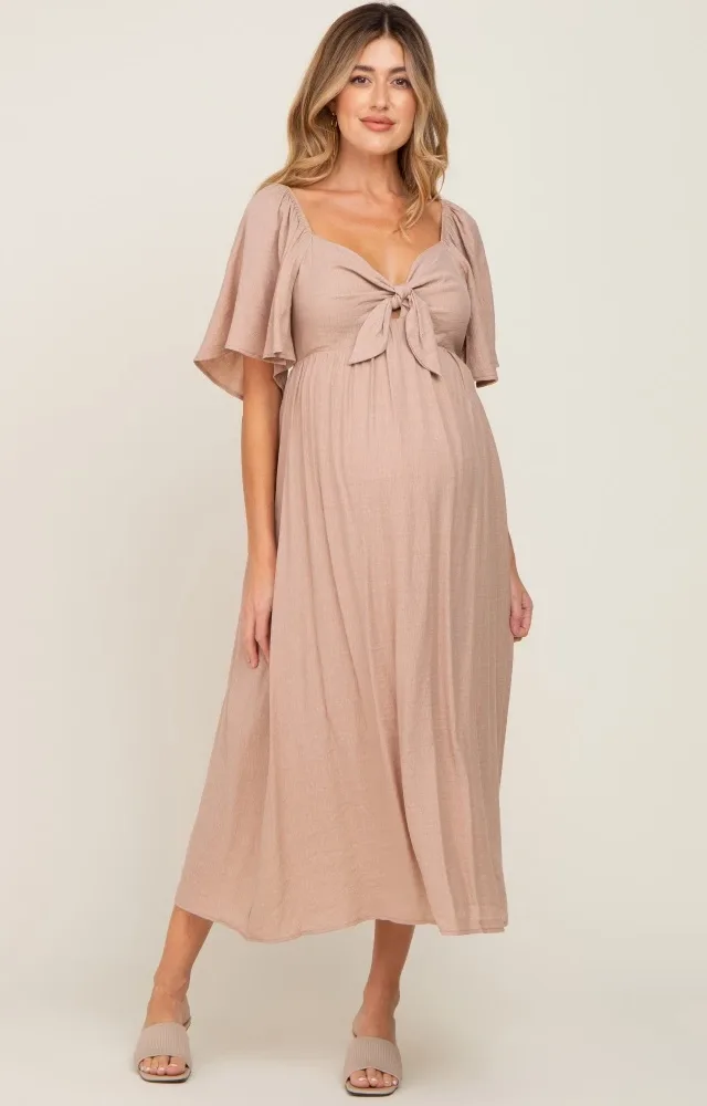 Mocha Front Tie Ruffle Sleeve Maternity Midi Dress