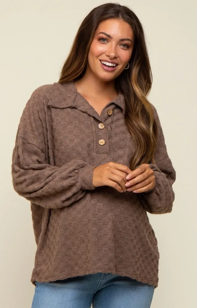 Mocha Fuzzy Checkered Button Front Maternity Top