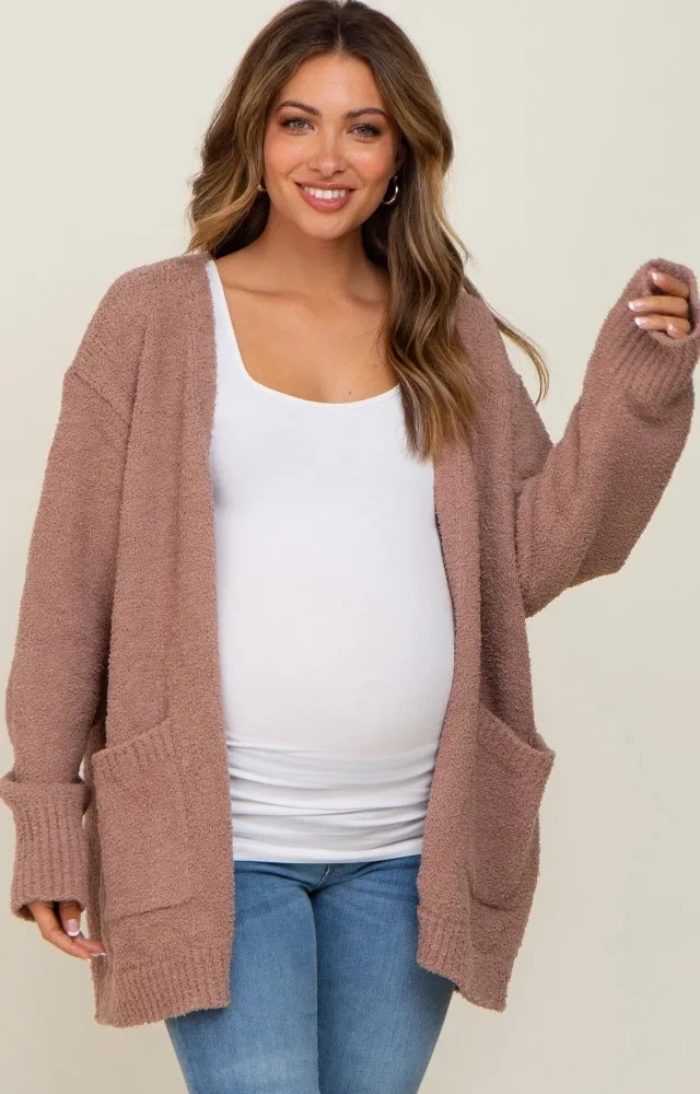 Mocha Fuzzy Knit Front Pocket Maternity Cardigan