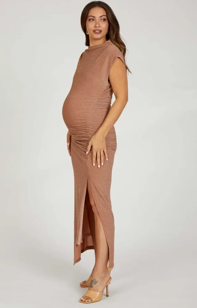 Mocha Glitter Mock Neck Maternity Midi Dress