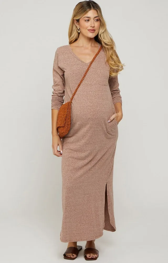 Mocha Heathered Pocketed Long Sleeve Maternity Maxi Dress