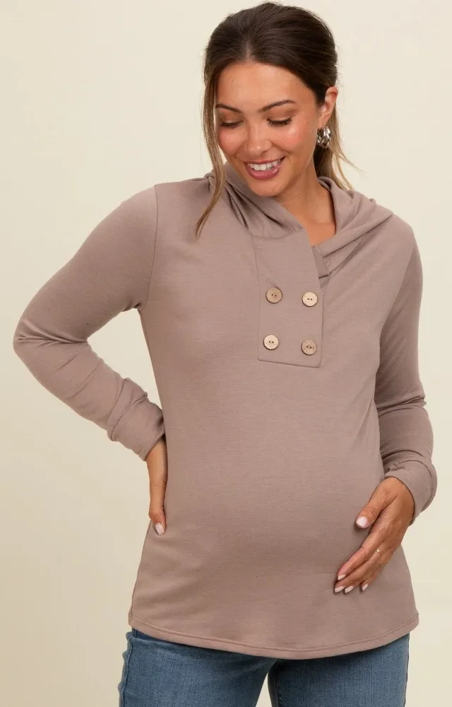 Mocha Hooded Long Sleeve Maternity Top