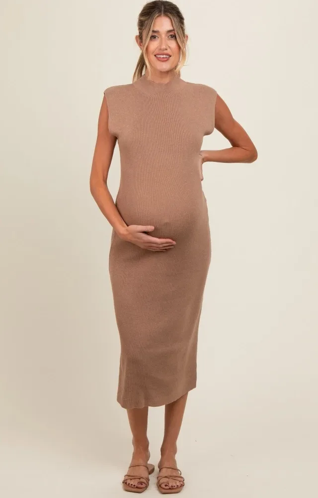 Mocha Knit Mock Neck Maternity Midi Dress