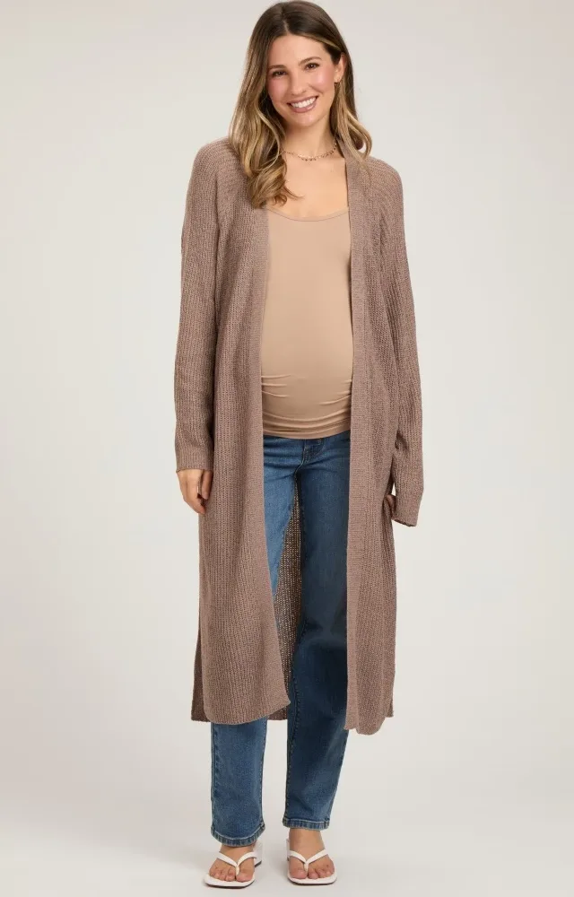 Mocha Knit Side Slit Long Maternity Cardigan