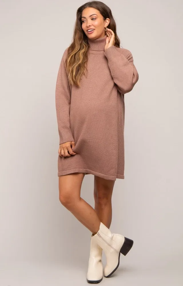 Mocha Knit Turtleneck Maternity Sweater Dress