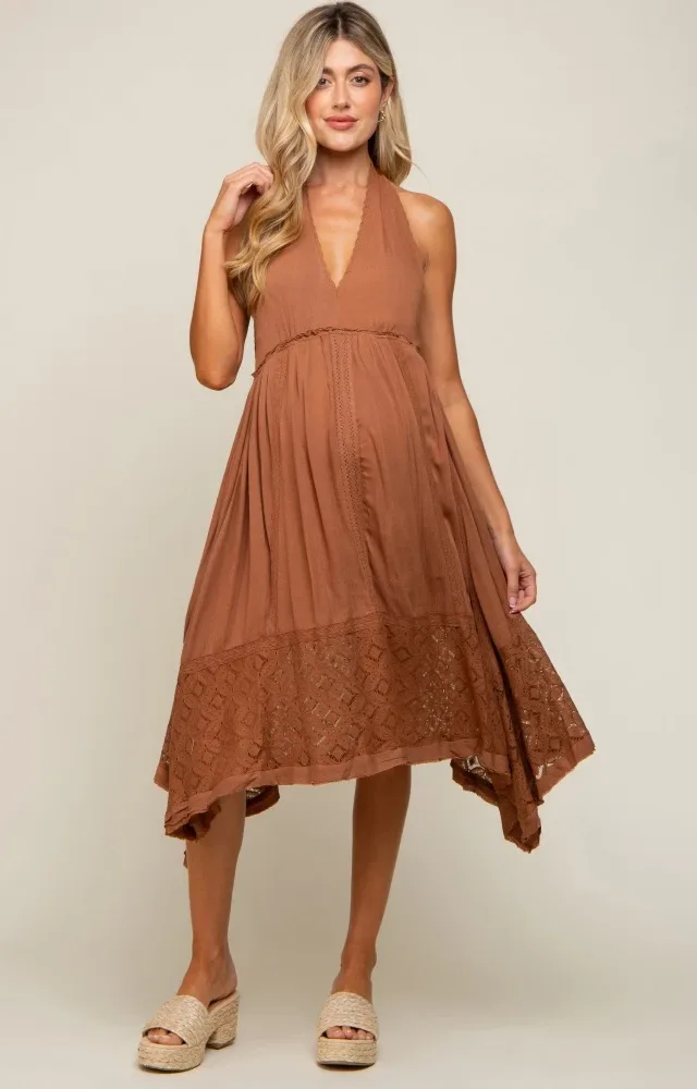 Mocha Lace Accent Halter Maternity Midi Dress