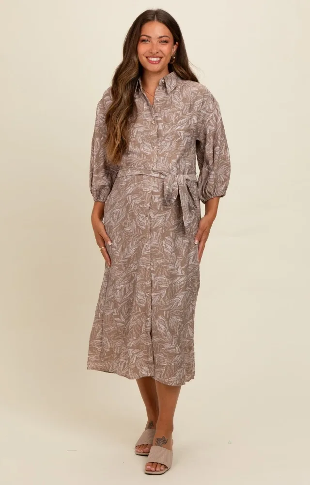 Mocha Leaf Print Button Down Front Tie Maternity Midi Dress