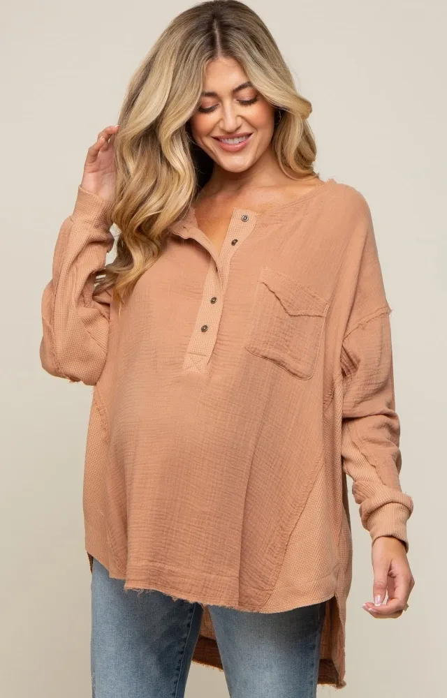 Mocha Lightweight Button Front Maternity Tunic