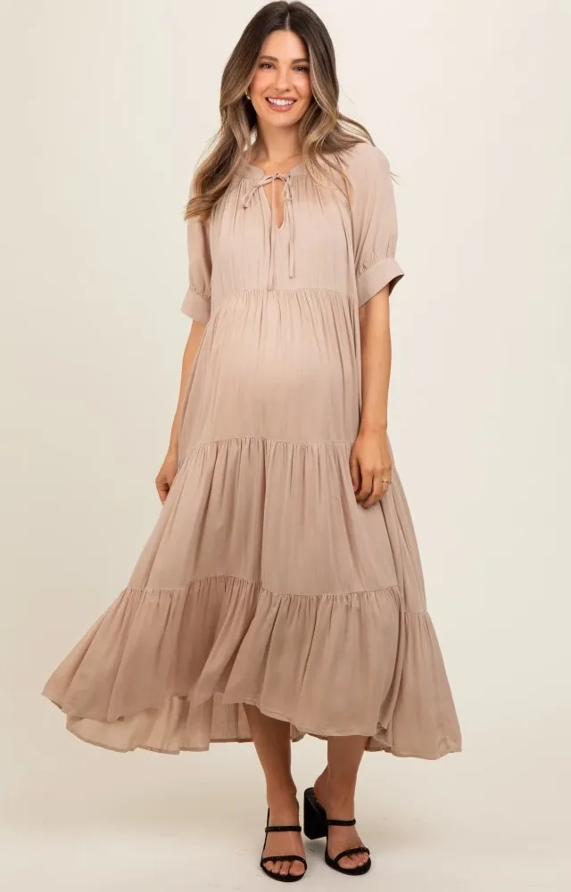 Mocha Lightweight Flowy Tiered Maternity Maxi Dress