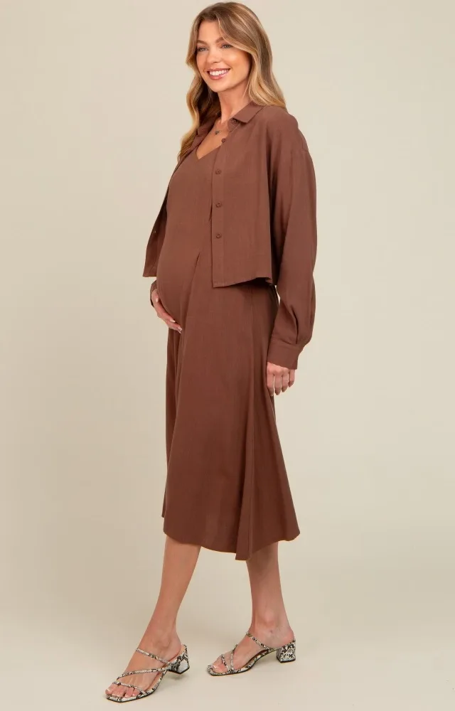 Mocha Linen Cropped Shirt Midi Dress Maternity Set