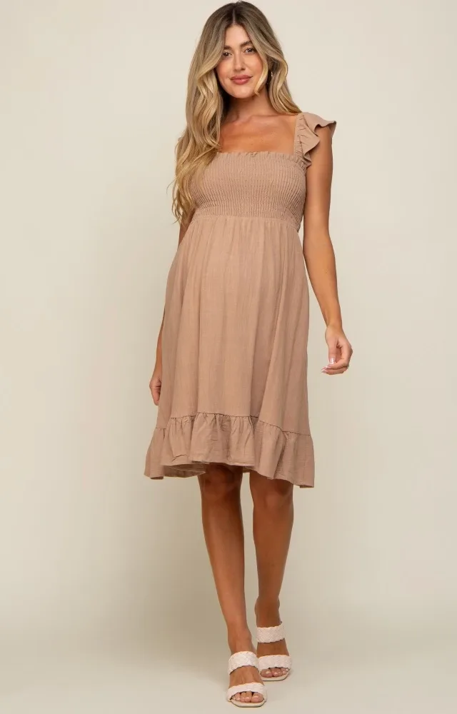 Mocha Linen Sleeveless Smocked Maternity Dress