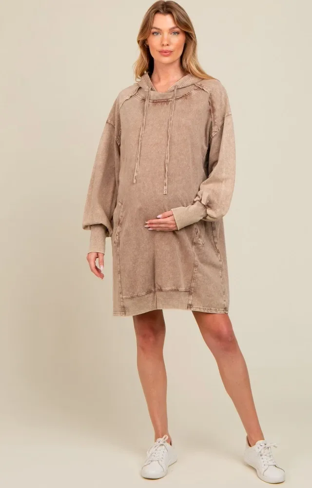 Mocha Mineral Wash Maternity Hoodie Dress