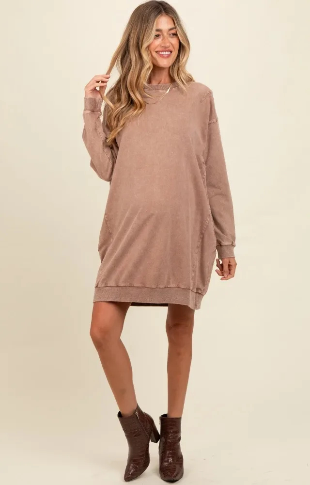 Mocha Mineral Wash Maternity Sweatshirt Dress