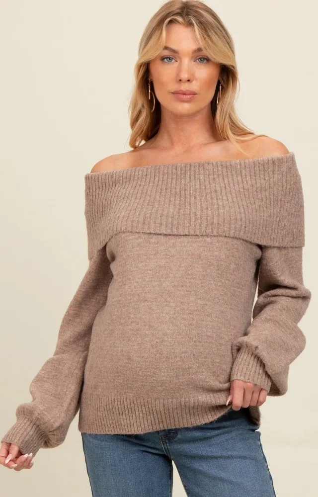 Mocha Off Shoulder Foldover Maternity Sweater