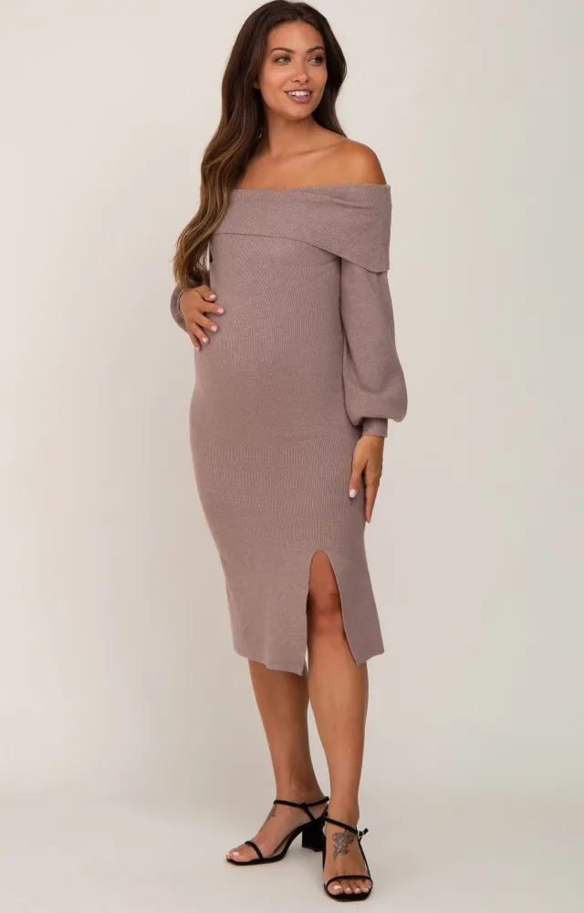 Mocha Off Shoulder Maternity Sweater Dress