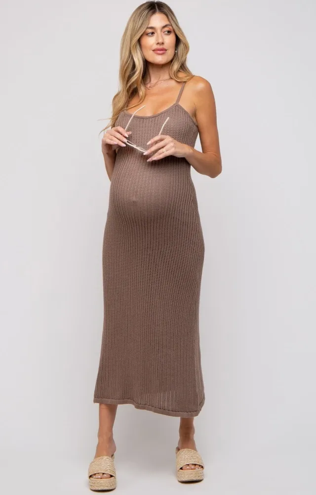 Mocha Open Knit Crochet Maternity Midi Dress