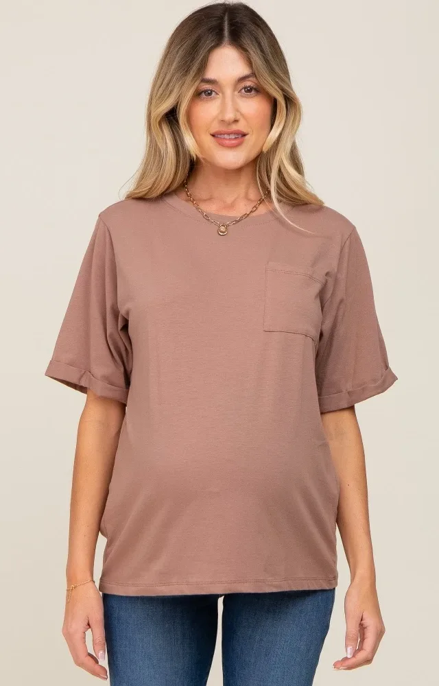 Mocha Oversized Front Pocket Cuffed Short Sleeve Maternity Top