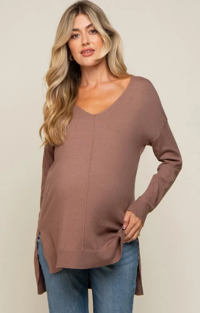 Mocha Oversized Knit Side Slit Maternity Top