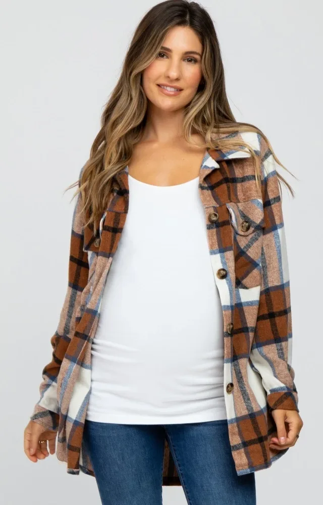 Mocha Plaid Brushed Button Down Maternity Over Shirt